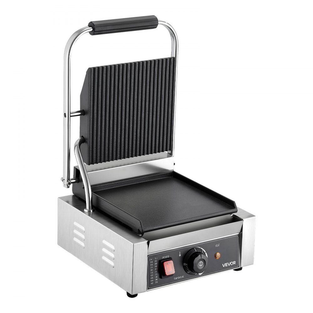 Komercyjny grill kontaktowy 1800 W Grill elektryczny Opiekacz do kanapek Prasa Panini ze stali nierdzewnej z uchwytem i regulacją temperatury, płaska emaliowana płyta 22 x 23 cm (pojedyncza) do steku z bekonem i hamburgerem