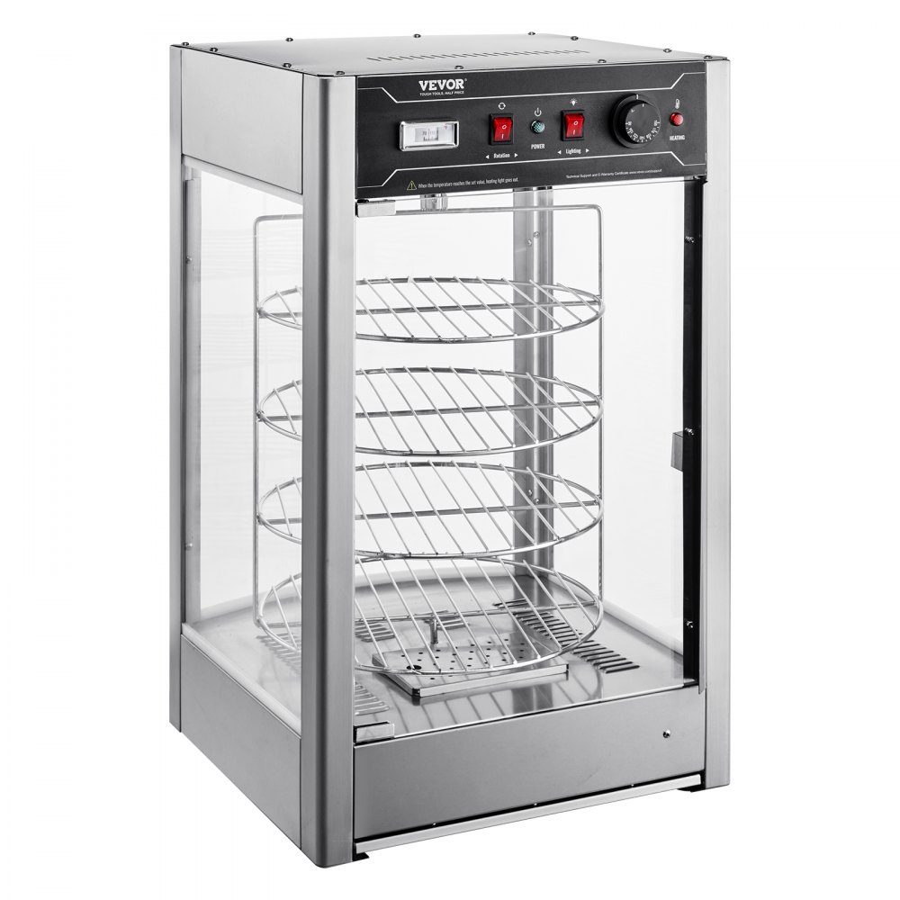 Commerciële Voedselverwarmer voor 14" Pizza, 4-laags Pizzaverwarmer met Roterende Stoomverwarmer, 30℃~85℃ Temperatuurregeling en Temperatuurweergave, 25W Ovenlicht + Top-LED voor Pizzeria, Restaurant