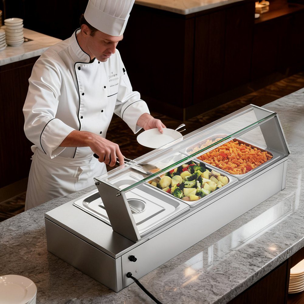 Chauffe-plats professionnel avec couvercle en verre et 3 récipients (taille 1/2) 1,5 kW Réchauffeur de buffet en acier inoxydable, récipient de buffet, bain-marie, station de réchauffement des aliments pour restaurants, fêtes, buffets