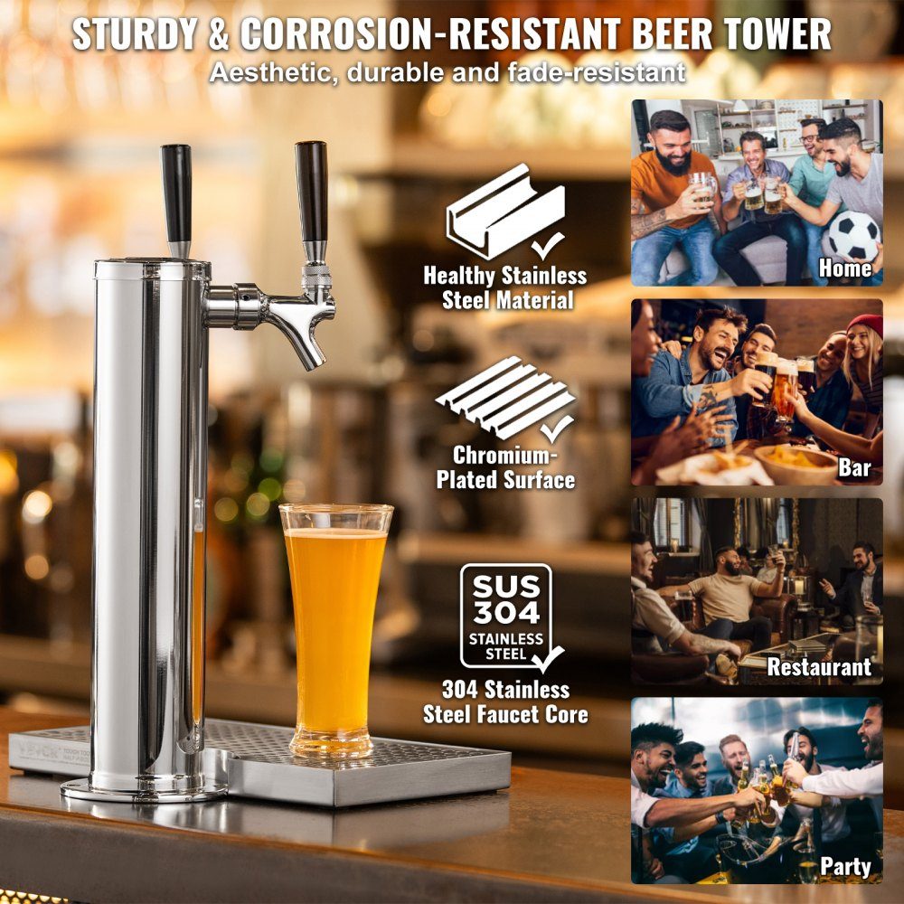 Kegerator Tower Kit, Dual Tap Beer Conversion Kit, roestvrijstalen biertorendispenser met dubbele meter W21.8-regelaar en A-systeem tapkoppeling, bierlekbak voor thuisfeesten
