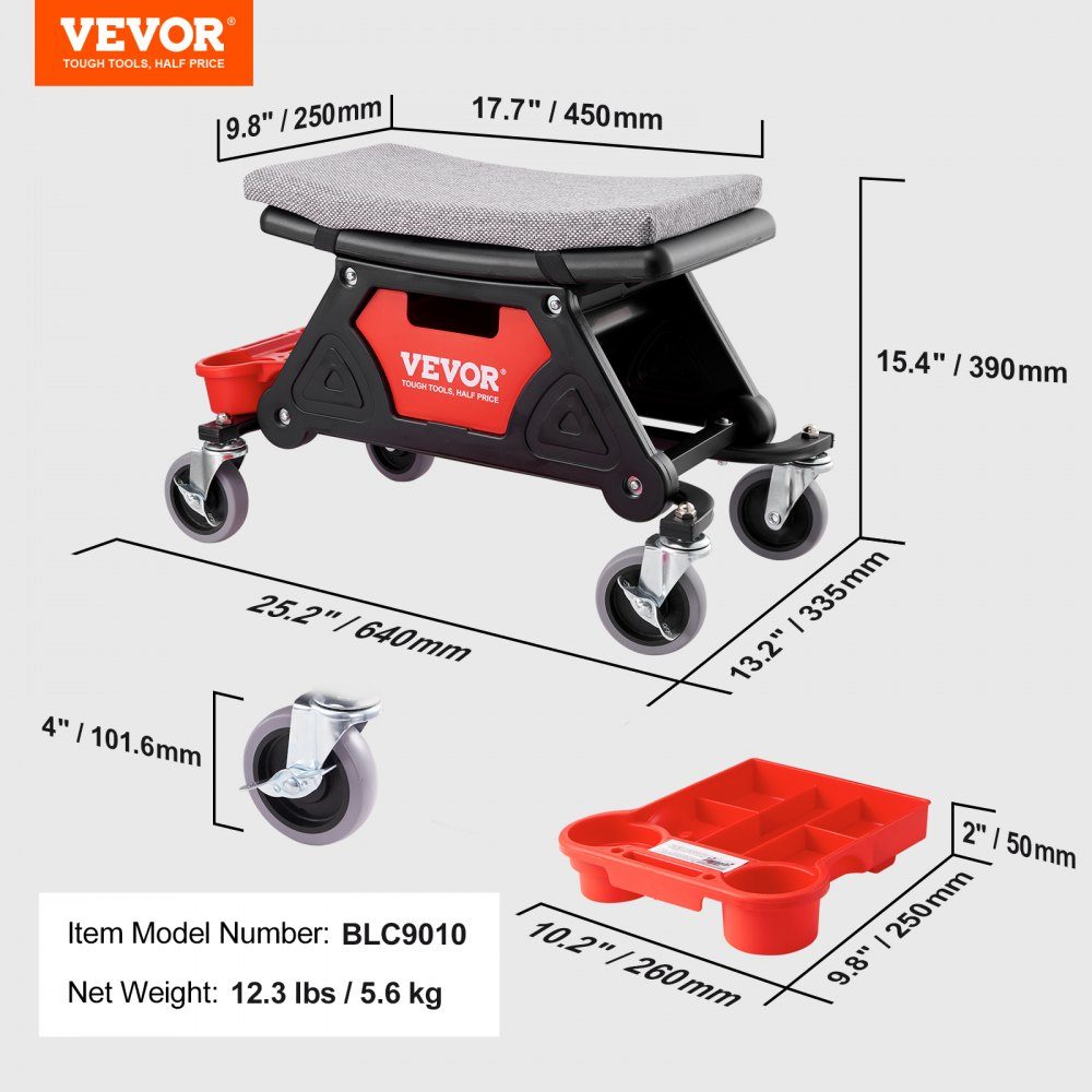 Werkstatthocker Rollhocker 640 x 335 x 390 mm, 136 kg belastbar Werkstatt Rollsitz Montagehocker Garagenhocker, Werkstatt Arbeitshocker Stuhlsitz inkl. Lagerbox & Paletten, fahrbar