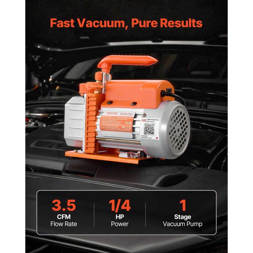 Vacuum pump, 3.5 CFM 99 L/min, 1 stage, 180W, suitable for R134a, R22 and R410a systems, 4-pole motor, for automotive air conditioning maintenance and resin degassing, including oil
