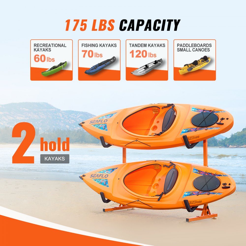 Kayak Holder, Kayak Hanger 1265 x 788 x 1380mm, Freestanding Kayak Stand 2 Kayaks 1230-1825mm Width Adjustment Range, Kayak Storage Rack, Heavy Duty Kayak Storage Hooks