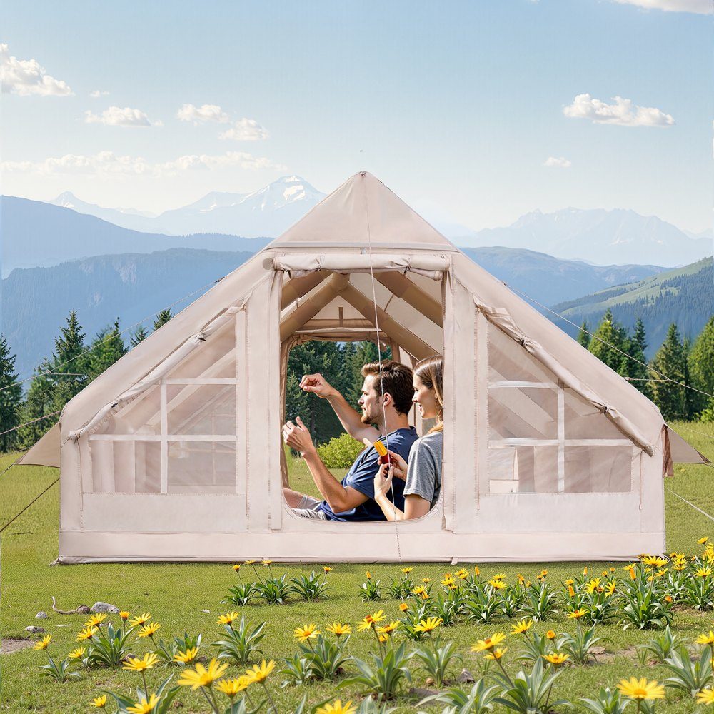 Opblaasbare kampeertenten 4 x 3 x 2 m 5-8 personen 300D Oxford glamping tent met kachelpoort, handpomp, 2 deuren en 4 gaasramen, inclusief opbergtas voor gemakkelijk transport