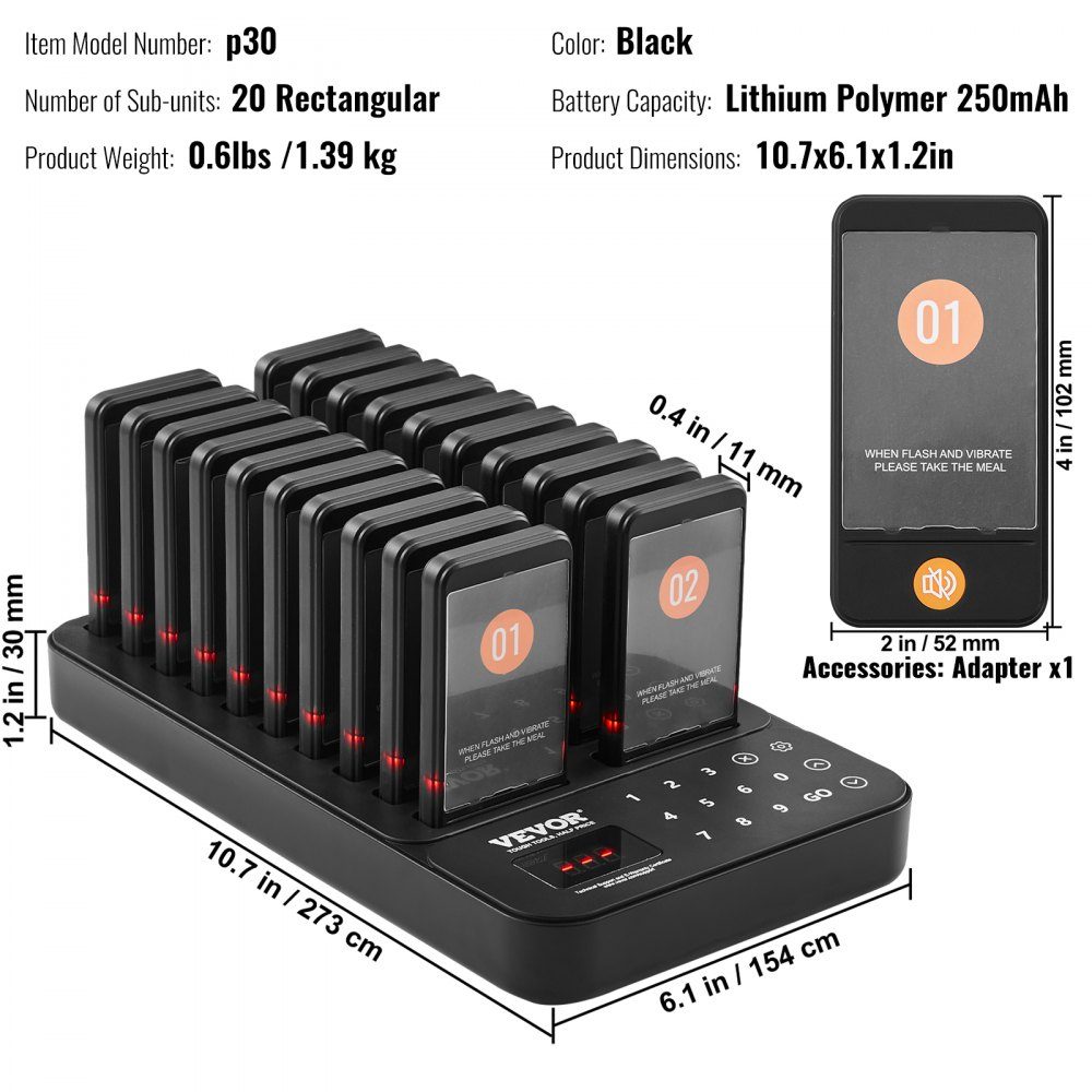 Système de téléavertisseur de restaurant, signal de file d'attente sans fil avec portée de 400 m, bip d'appel invité avec vibration et clignotant, 20 téléavertisseurs pour camion de nourriture, église, jardin d'enfants