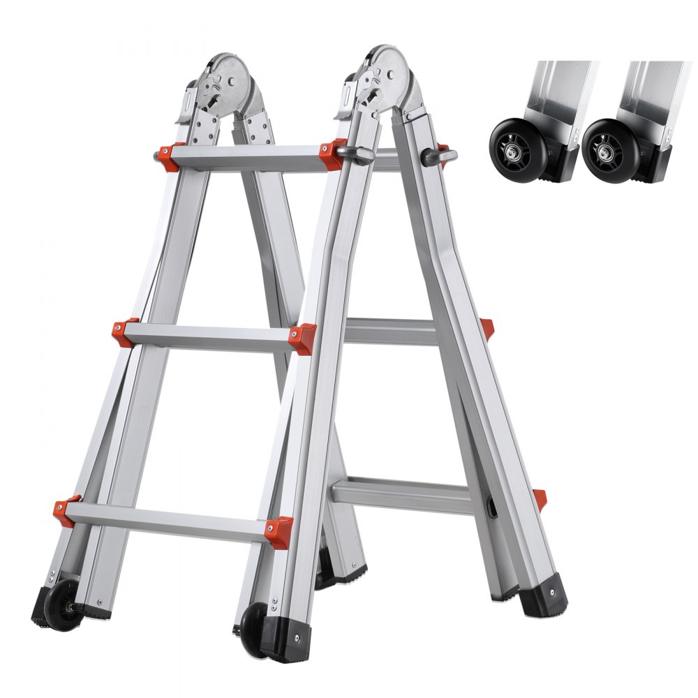 Telescopic A-Frame Ladder 3350mm Compact Aluminum Extension Ladder Multifunctional Portable Folding RV Ladder Telescopic Ladder for Homework Stairs Indoor Outdoor Roofs 150kg Load Capacity