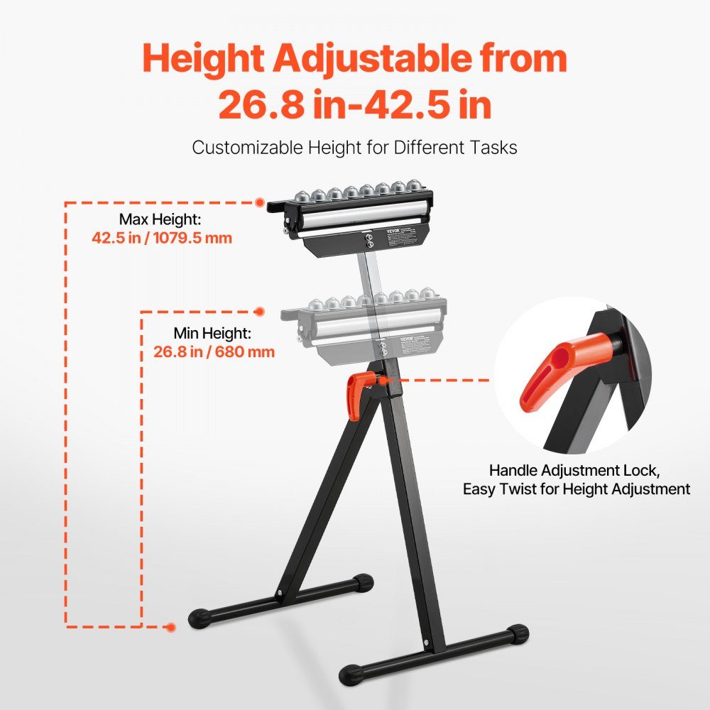 3 in 1 Roll Stand 136kg 68-108cm Height Adjustable Roll Stand with 11.5" Polished Multi-Directional Roll Head for Table Saw Spout Woodworking Extension Support