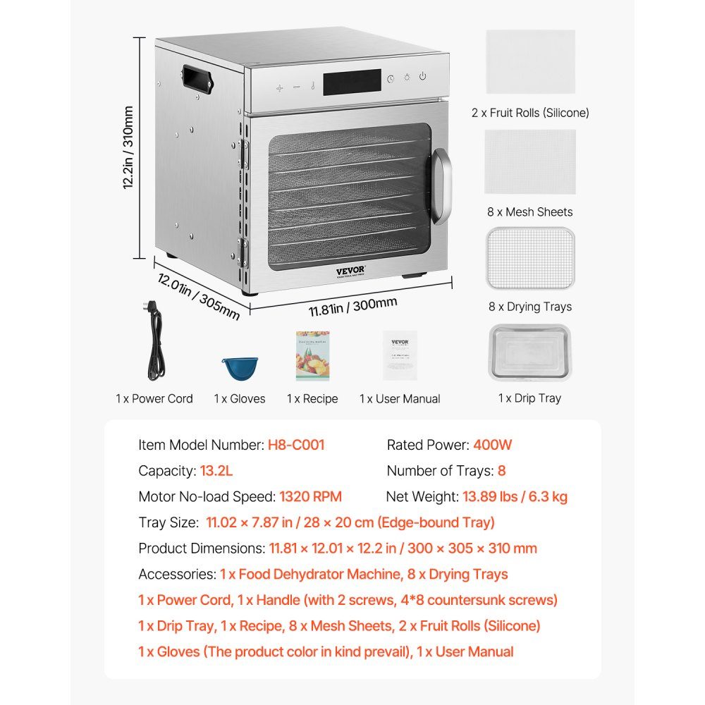 Dörrgerät Dörrgerät 8 Edelstahlschüsseln, 400 W elektrischer Lebensmitteltrockner mit einstellbarer Temperatur, Gefriertrockner für getrocknetes Fleisch, Fleisch, Obst, Gemüse, Kräuter, Hundeleckerlis