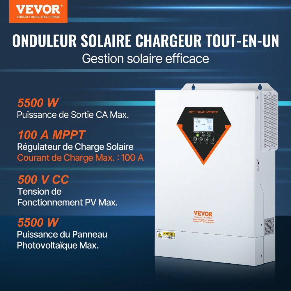 2 in 1 Hybrid Solar Inverter 5500W Solar Inverter 11000 VA Pure Sine Wave MPPT LCD Display 3 Charging Modes (Solar Charge, Grid Charge, Hybrid Charge) and 4 Output Modes (UTL, SOL, SBU, SUB)
