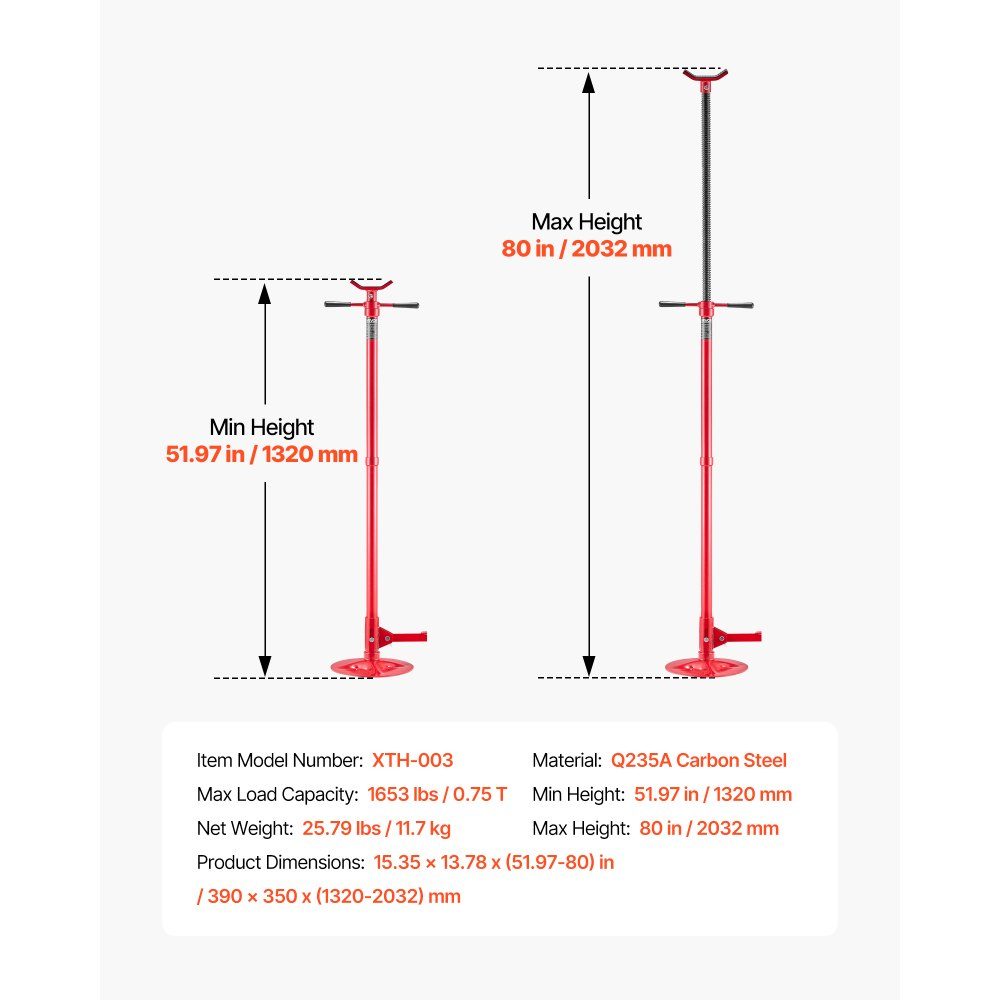 Support de dessous de caisse 750 kg réglable en hauteur (1320-2032 mm) avec poignée rotative à roulement à billes et pédale pour soutenir les composants du véhicule, réparation automobile