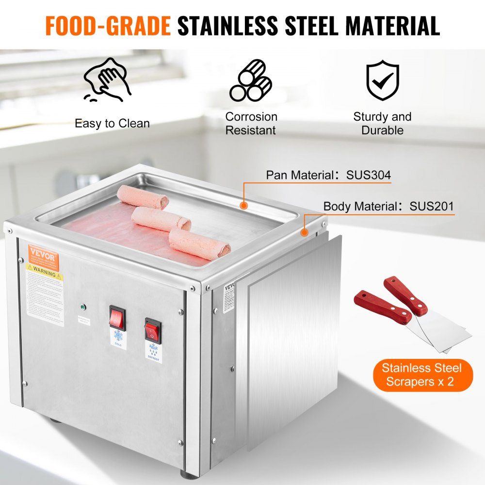 Deep-fried ice cream roll machine, 28 x 24 x 2 cm pan for frying ice cream, ice cream maker with compressor and 2 scrapers, for making ice cream, frozen yogurt and ice cream rolls