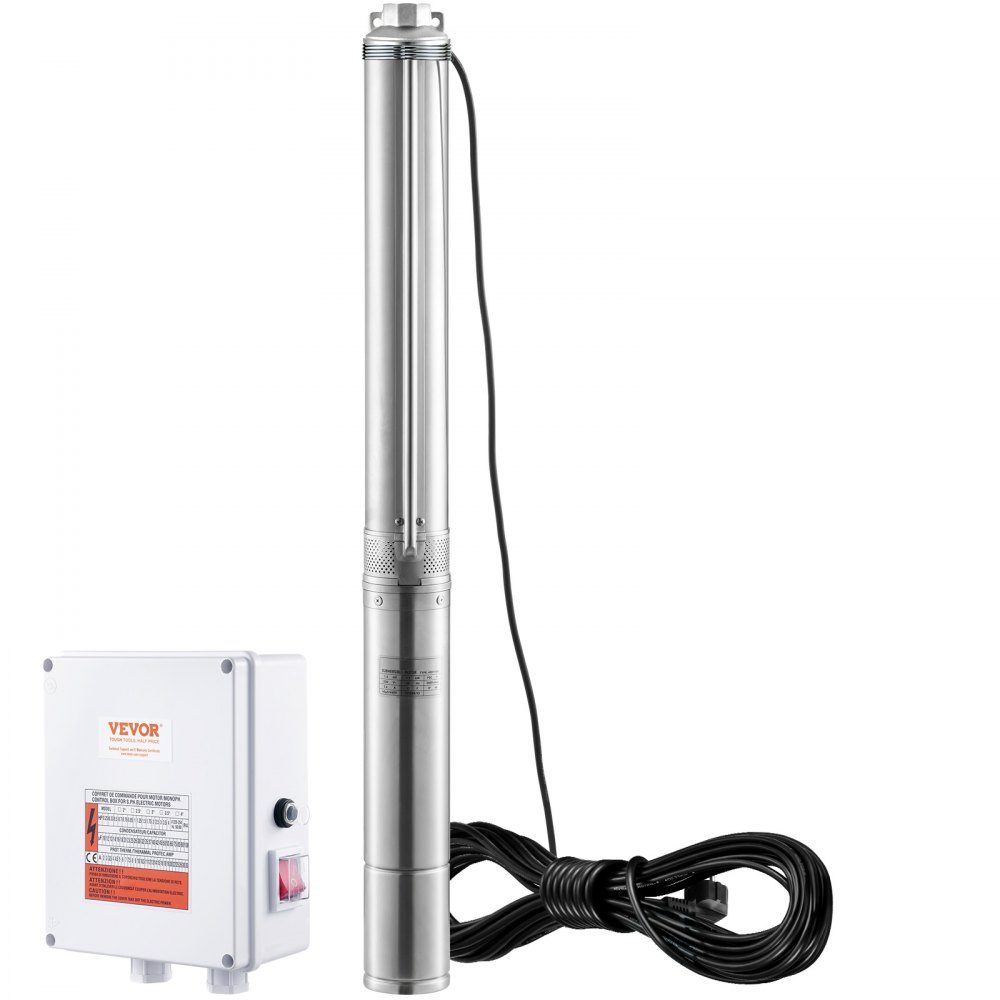 Diepe putdompelpomp, 2200 W, 230 V, 9,8 m3/u stroom, 144 m opvoerhoogte, met 19,4 m kabel en externe schakelkast, roestvrijstalen waterpompen voor industriële irrigatie en thuisgebruik, IP68 waterdicht