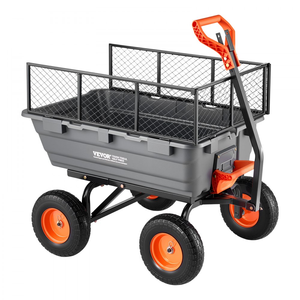 Gartenwagen mit Kippfunktion, 544 kg schwerer Bollerwagen, 270° drehbarer Transportwagen für die Gartenarbeit aus Kunststoff und Stahl mit 13 Zoll PU-Reifen und Metallzaun für Rasen, Kies und Schlamm Gartenwagen mit Kippfunktion, 544 kg schwerer Bollerwagen, 270° drehbarer Transportwagen für die Gartenarbeit aus Kunststoff und Stahl mit 13 Zoll PU-Reifen und Metallzaun für Rasen, Kies und Schlamm