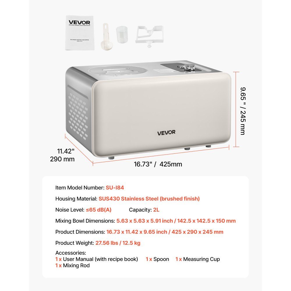 Automatic Ice Cream Maker 2 QT with Built-in Compressor (150W), No Prefreezing, Ice Cream Maker with 3 Modes, Electric Ice Cream Maker, Frozen Sorbet Machine for Home Kitchen