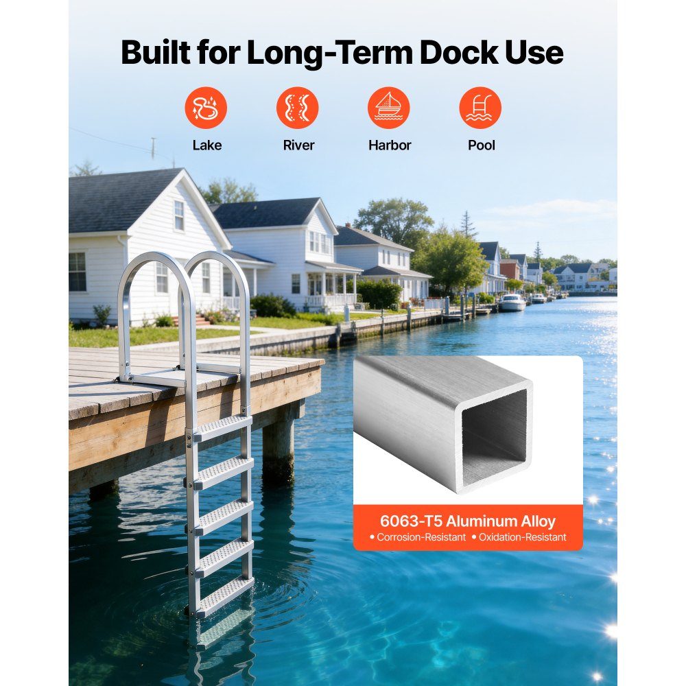 Dock Ladder, Detachable Boat Ladder with 5 Non-Slip Steps, Wide Pedals and Handrail, Pool Ladder with 500lb Load Capacity Aluminum Alloy, Entry Ladder for Docks, Pools, Lakes, Yachts, Silver