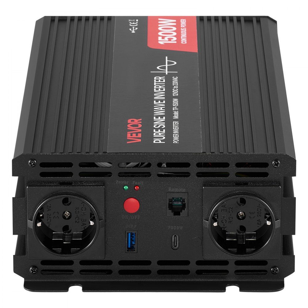 1500 W 12V DC to 230V AC Pure Sine Wave Inverter with Remote Control, USB and Type-C Ports, 2 AC Sockets, Fast Charging for RV, Truck, Outdoor Camping
