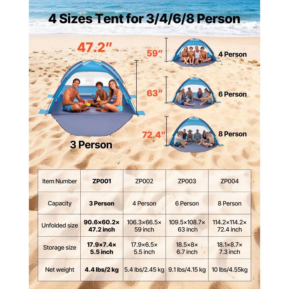 Strandtent Zonnescherm voor 3 personen, UPF 50+ bescherming, draagbare strandtent met draagtas en grondankers, lichtgewicht strandparaplu voor kamperen, vissen, picknicken, zonnetent