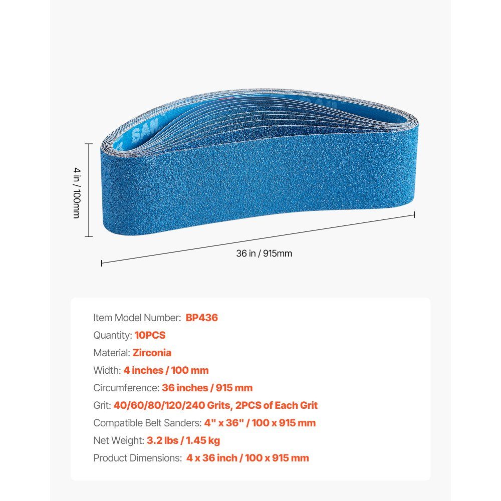 Sanding belts, 100x915mm, 10 pieces (2 each with grain size 40/60/80/120/240), made of silicon carbide, belt sandpaper belt sander, for metalworking, composite materials & plastic finishing