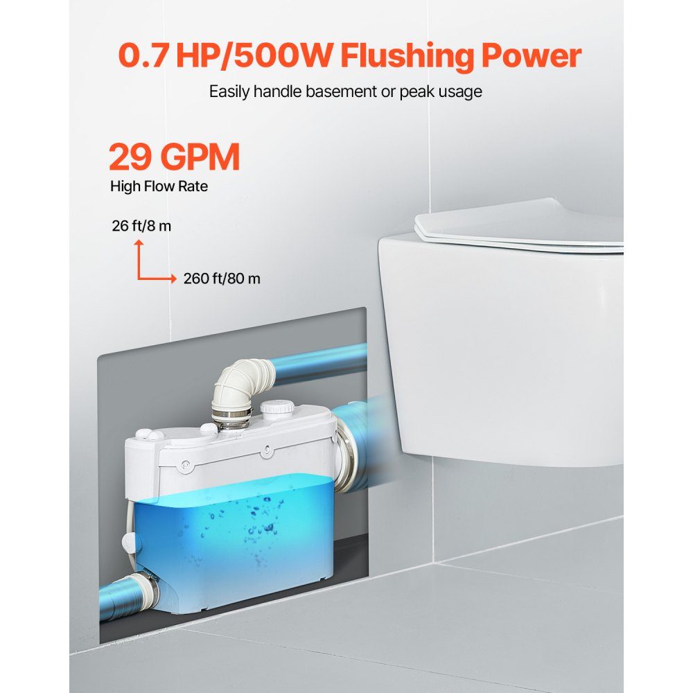 Waste water lifting system 500 W, 6600 l/h flow, 8 m delivery height, waste water pump 2900 rpm with 3 water inlets for cellar, kitchen, sink, shower, bathtub, laundry wastewater disposal, dishwasher