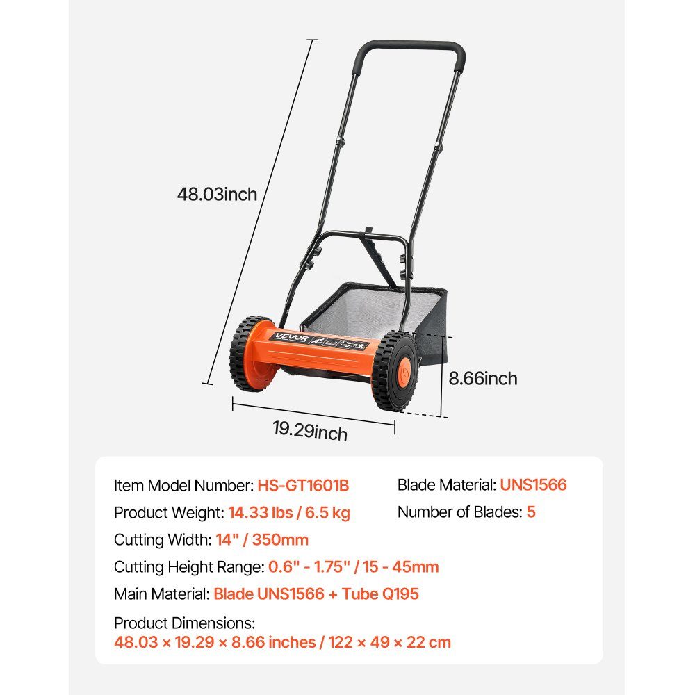 Spindelmäher mit 350 mm Schnittbreite, Rasenmäher 15–45 mm verstellbare Schnitthöhe, Handmäher mit 5 Messern, Grasfangsack, für grüne Rasenflächen, Einfahrten, Innenhöfe