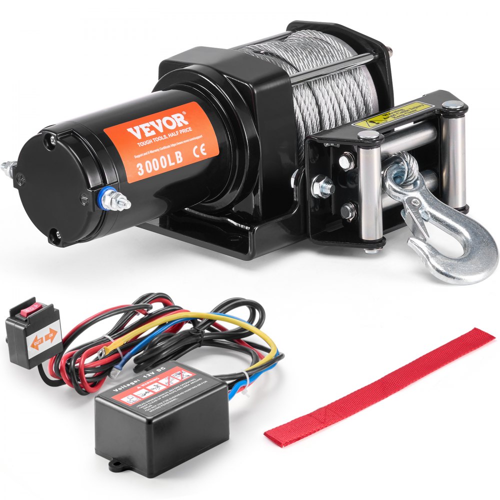 Treuil électrique, force de traction de 3 000 lb, 12 V CC pour ATV/UTV, avec câble en acier Φ 3/16" x 39 pieds, guide-câble à rouleaux, télécommande par câble, résistance à l'eau IP55, idéal pour la récupération tout-terrain UTV ATV