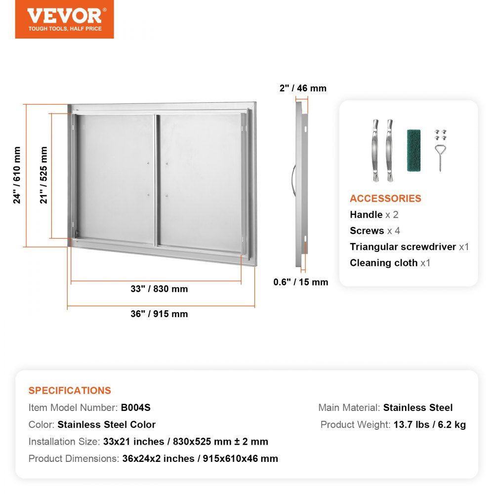 Grill Access Door 915x610x46mm Double Outdoor Kitchen Door Flush Mount Stainless Steel Door Vertical Wall Door with Handles for Grill Island Grill Station Outdoor Cabinet etc