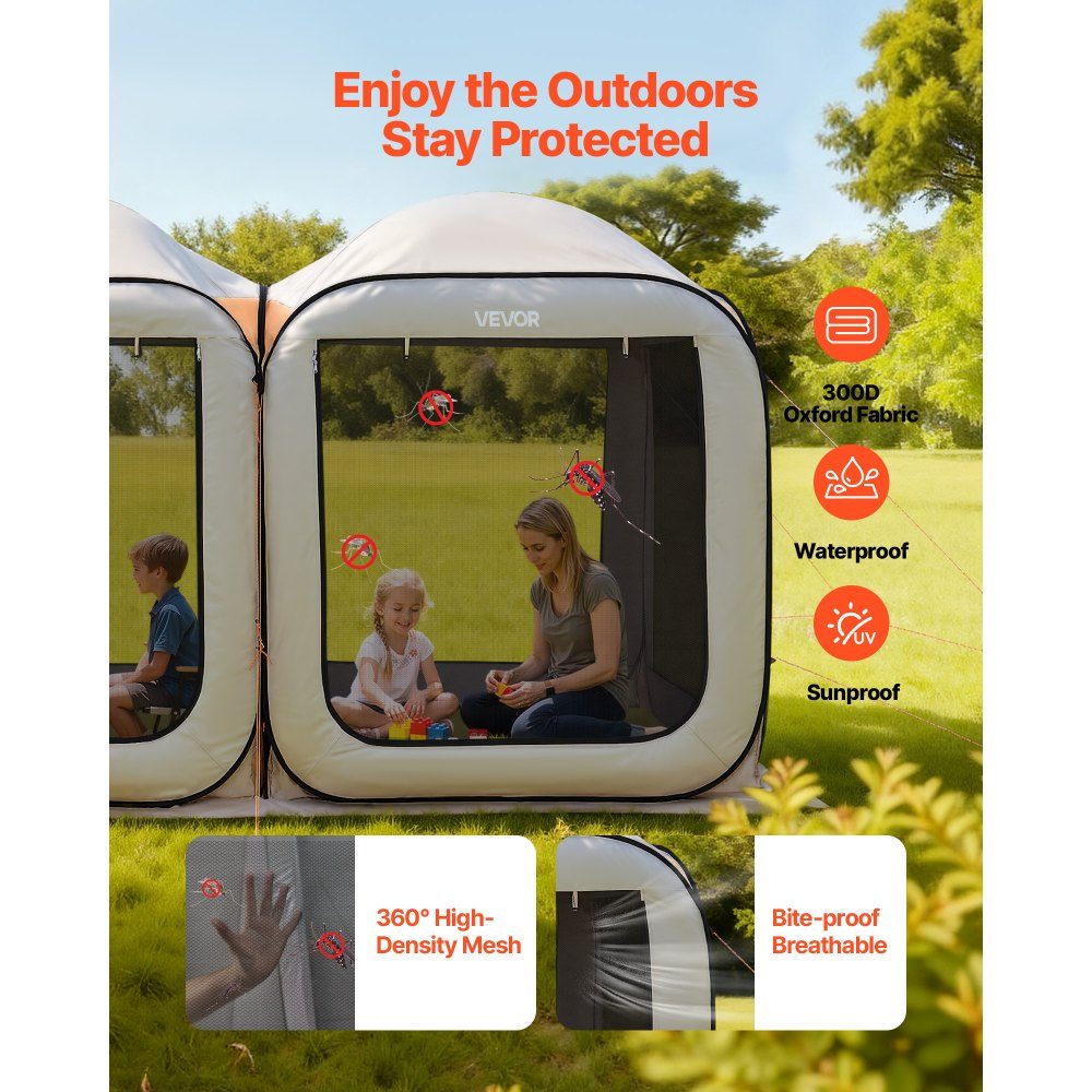 Tente de camping 144" x 72" 2 en 1 Tente de fête portable avec sac de transport, parois latérales en maille et piquets de sol pour jardin, terrasse et activités de plein air, Beige