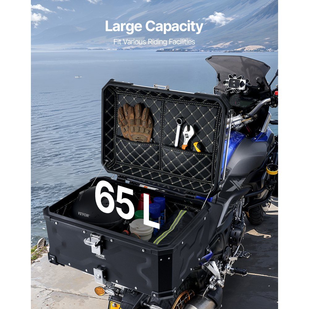 Motorcycle Top Box, Motorcycle Case, 65L, Aluminum Alloy Rear Box with Leather Lining, Removable Motorcycle Top Box with Lock and Back Pad, Helmet Case (565 x 500 x 380mm), Black