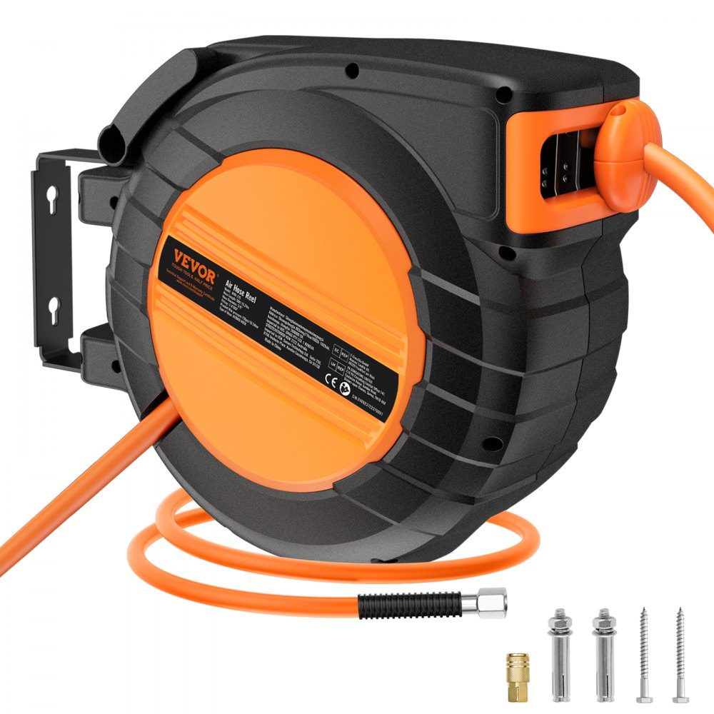Compressed Air Hose Reel, 9.52mm x 50ft Air Hose, Max 300 PSI, Auto Rewind Hose Reel, Ceiling/Wall Mount, Enclosed PP Reels and 180° Rotating Bracket