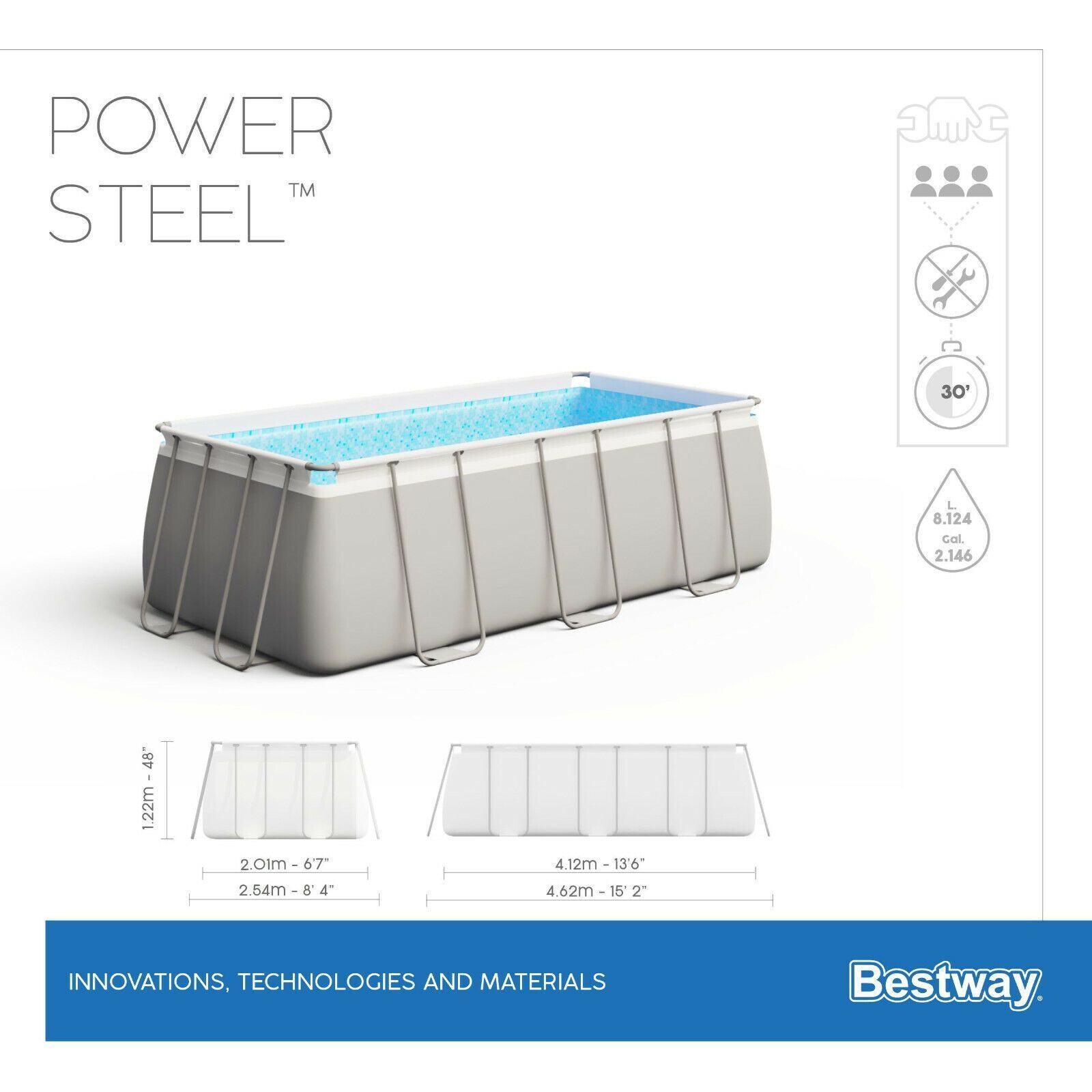 Bestway Power Steel Frame Pool Set Pumpe quadratisch grau 412 x 201 x 122 cm