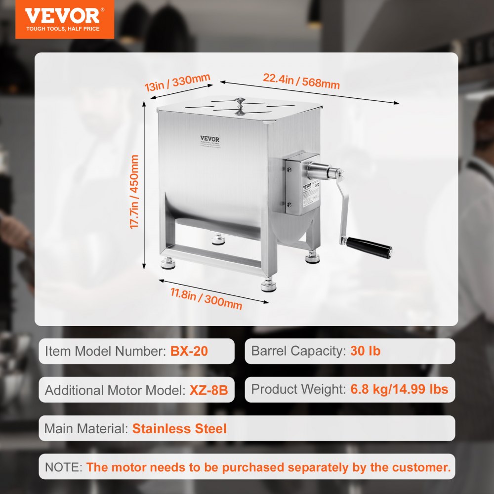 Handmatige vleesmixer, vleesverwerkingsapparatuur (maximaal mengen 13,61 kg vlees), roestvrijstalen vleesmixer, worstmixer met reductietandwiel, handmixer voor gehakt Handmatige vleesmixer, vleesverwerkingsapparatuur (maximaal mengen 13,61 kg vlees), roestvrijstalen vleesmixer, worstmixer met reductietandwiel, handmixer voor gehakt