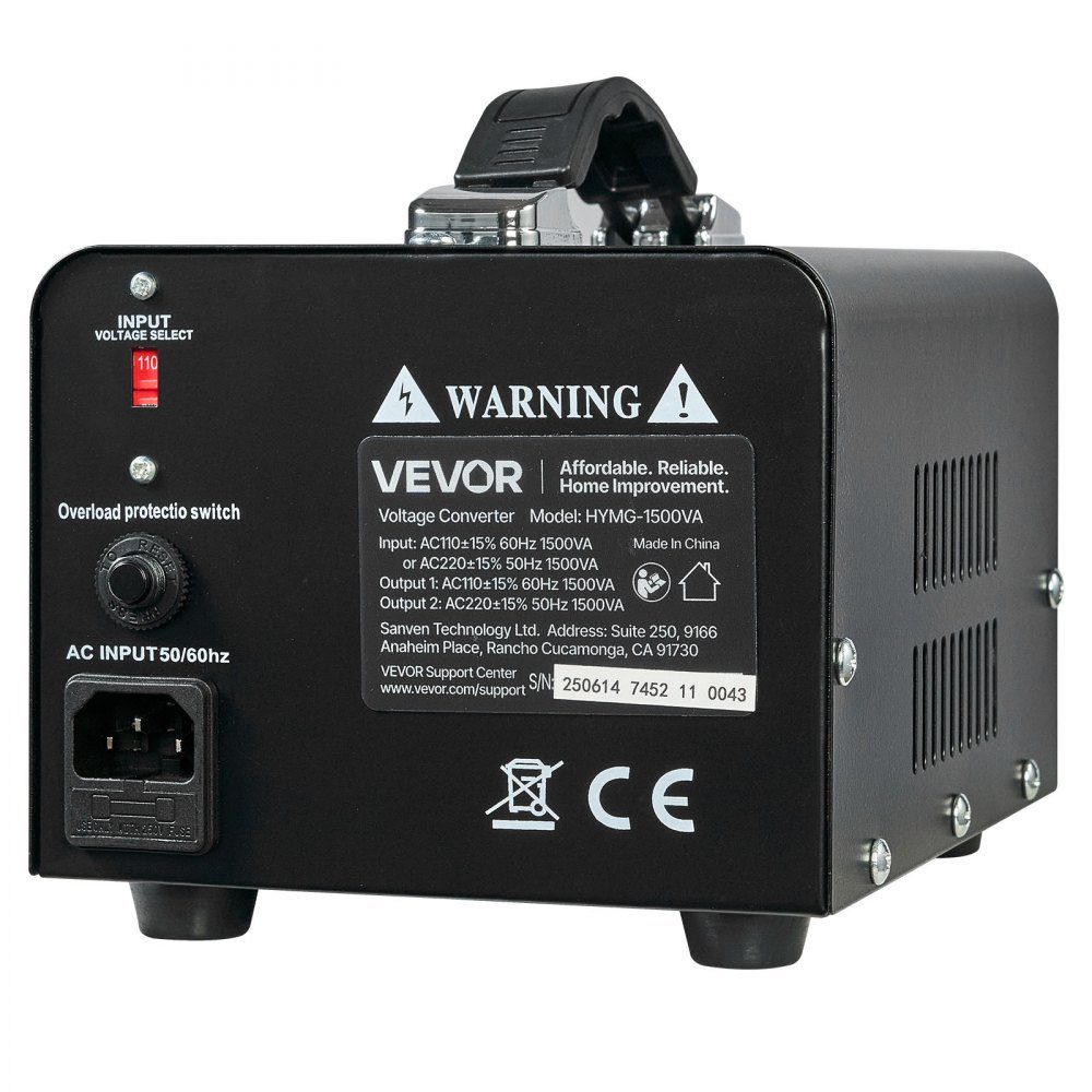 Voltage Converter Transformer, 1500VA step-up/step-down power transformer, 110V to 220V and 220V to 110V conversion, with US and EU sockets, power cord, circuit breaker
