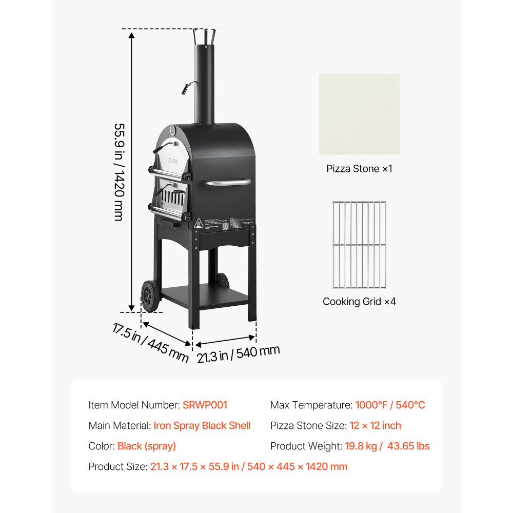 Pizza Oven 12 Inch Pellet Ovens, 2 Layer Wood Fired Pizza Oven, Outdoor Wood Oven with 2 Removable Wheels, Pizza Maker with Maximum Temperature of 540°C for Grilling