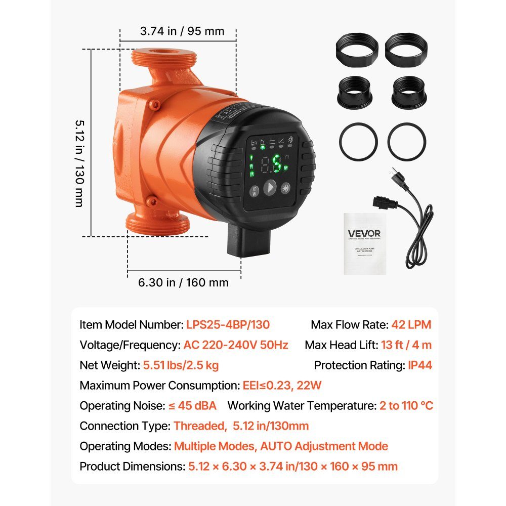 LPS25-4BP/130 Circulation Pump, Cast Iron Circulation Pump, 42L/min, 4m Maximum Head, Hot Water Circulation, Threaded Connection, Check Valve, Quiet Operation, for Home Heating System