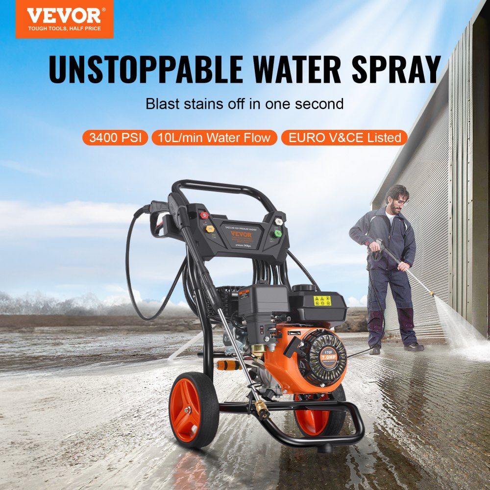 Benzin-Hochdruckreiniger 3400 PSI 2,6 GPM Terrassenreiniger 10 l/min mit Aluminiumpumpe, Druckpistole und Verlängerungsstab, 5-Düsen-Set, für Autos, Zäune, Häuser, Terrassen, vertikal