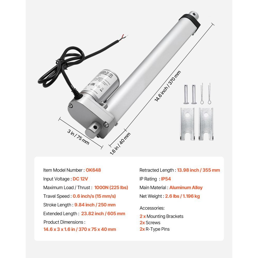 12V lineaire actuator, 250 mm 15 mm/s lineaire motor, 1000N lineaire actuator met IP54-Schutz en montagebeugel, lineaire technologie-actuators voor lifttafels, ligstoelen, raamdeuropeners