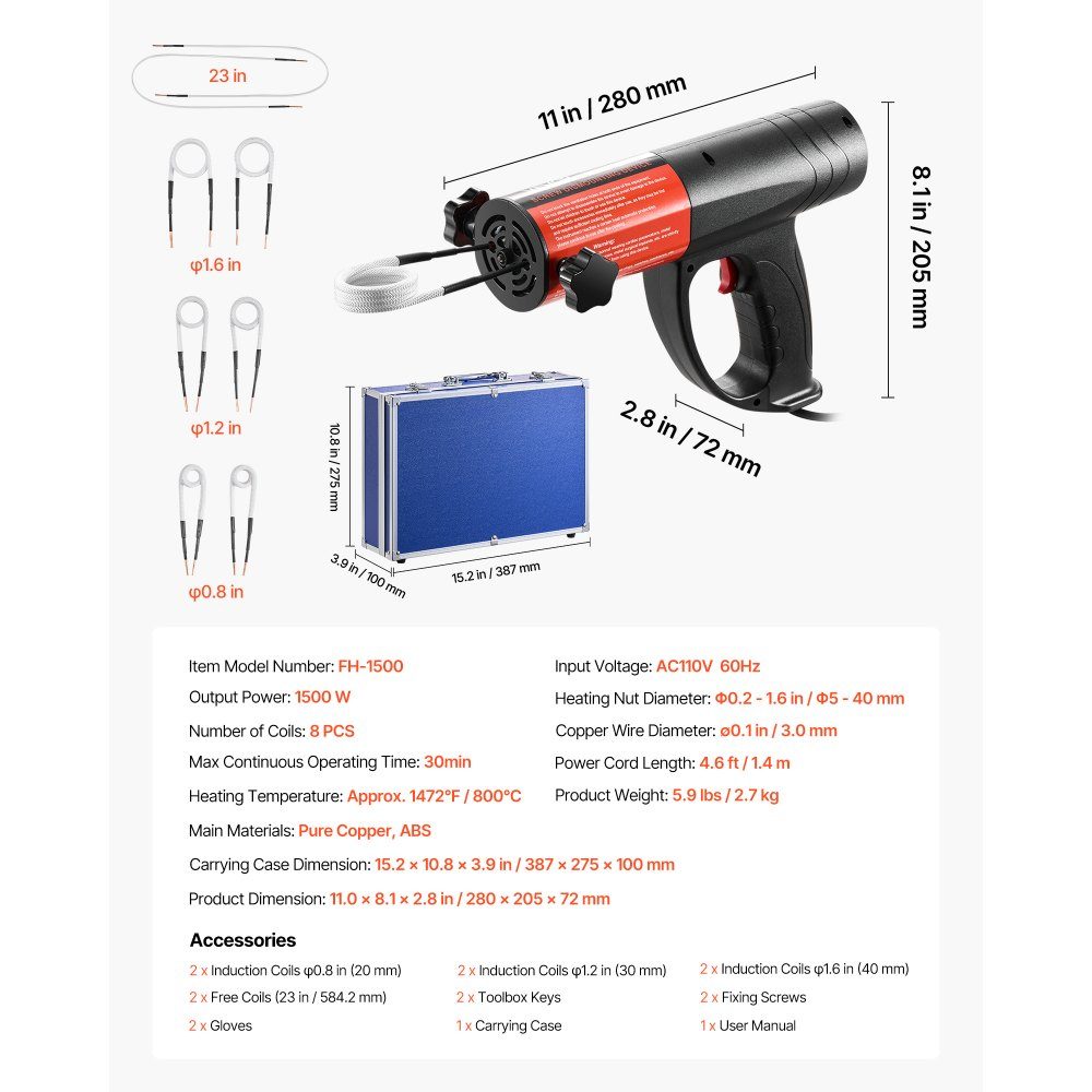 Screw Removal Induction Heater 1500W Magnetic Induction Heater Kit Rusty Screw Removal Heater Auto Workshop Repair Tools with 8 Coils