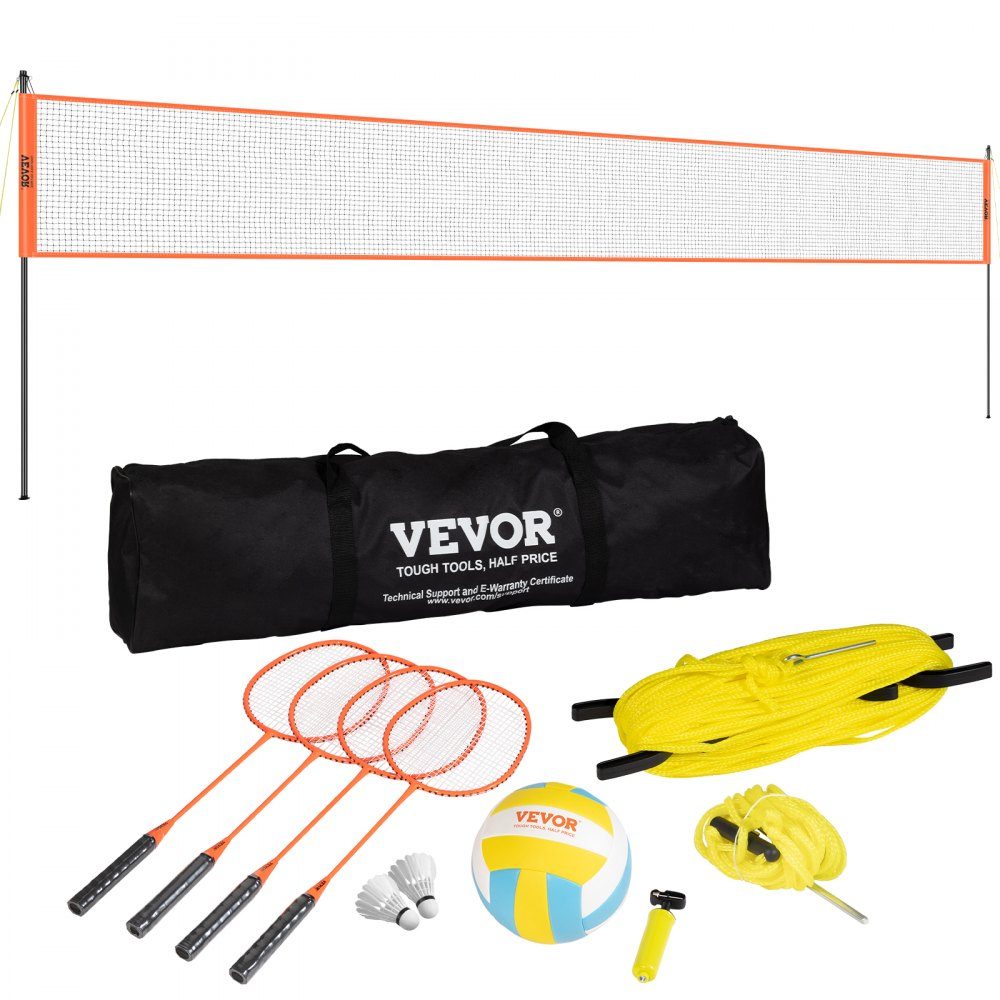 Volleybalnet, in hoogte verstelbaar badmintonnet, 36" x 370" draagbaar strandvolleybalnet, oranje volleybalnet, opvouwbaar volleybalnet met volleybal, draagtas en badmintonracket