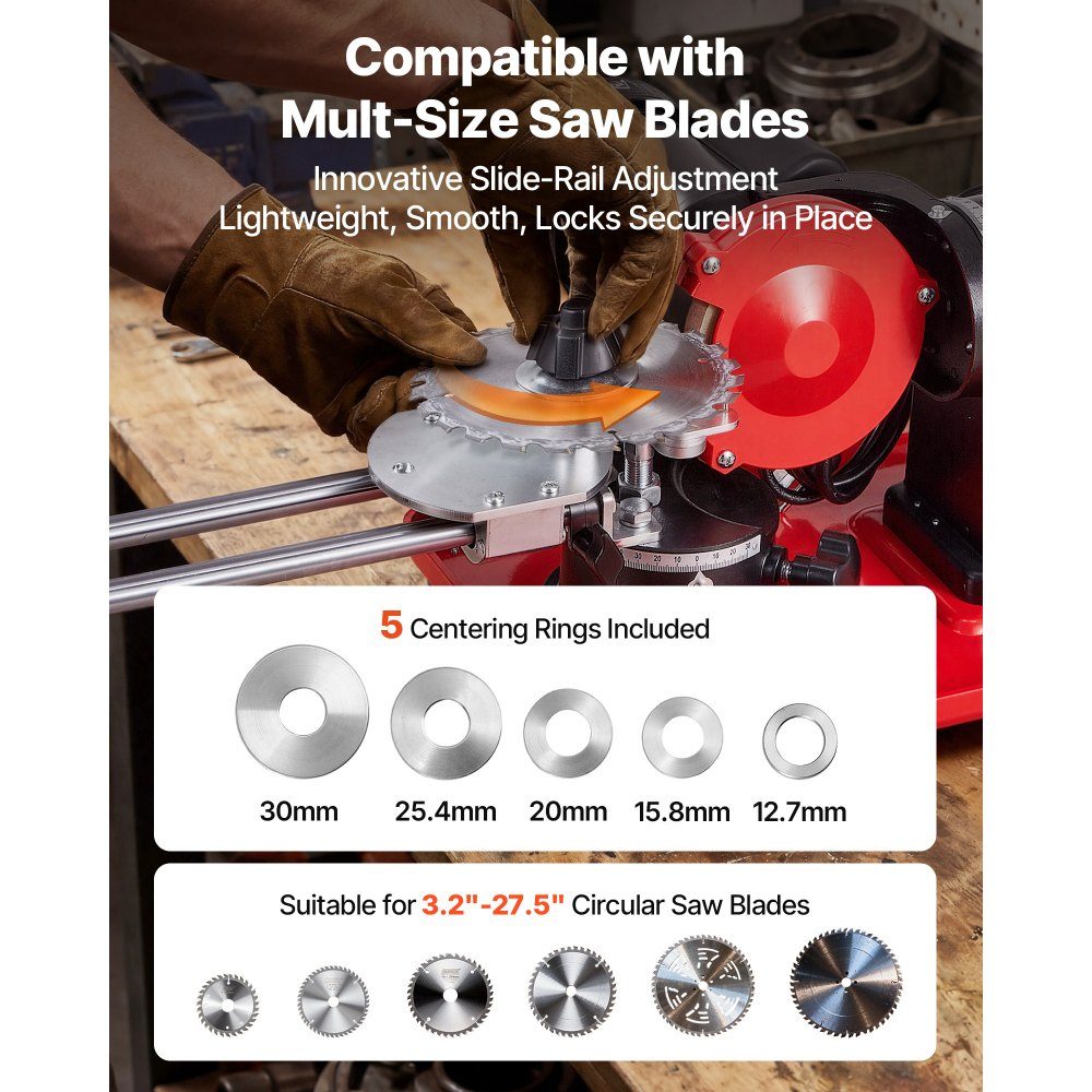 Affûteur de lame de scie 370 W, meuleuse de lame de scie circulaire 2890 tr/min avec meule de 125 mm, machine d'affûtage électrique avec angle de réglage pour lames de scie de 80 à 700 mm, affûteuse de lame de scie pour le travail du bois – Réf. HT-23548