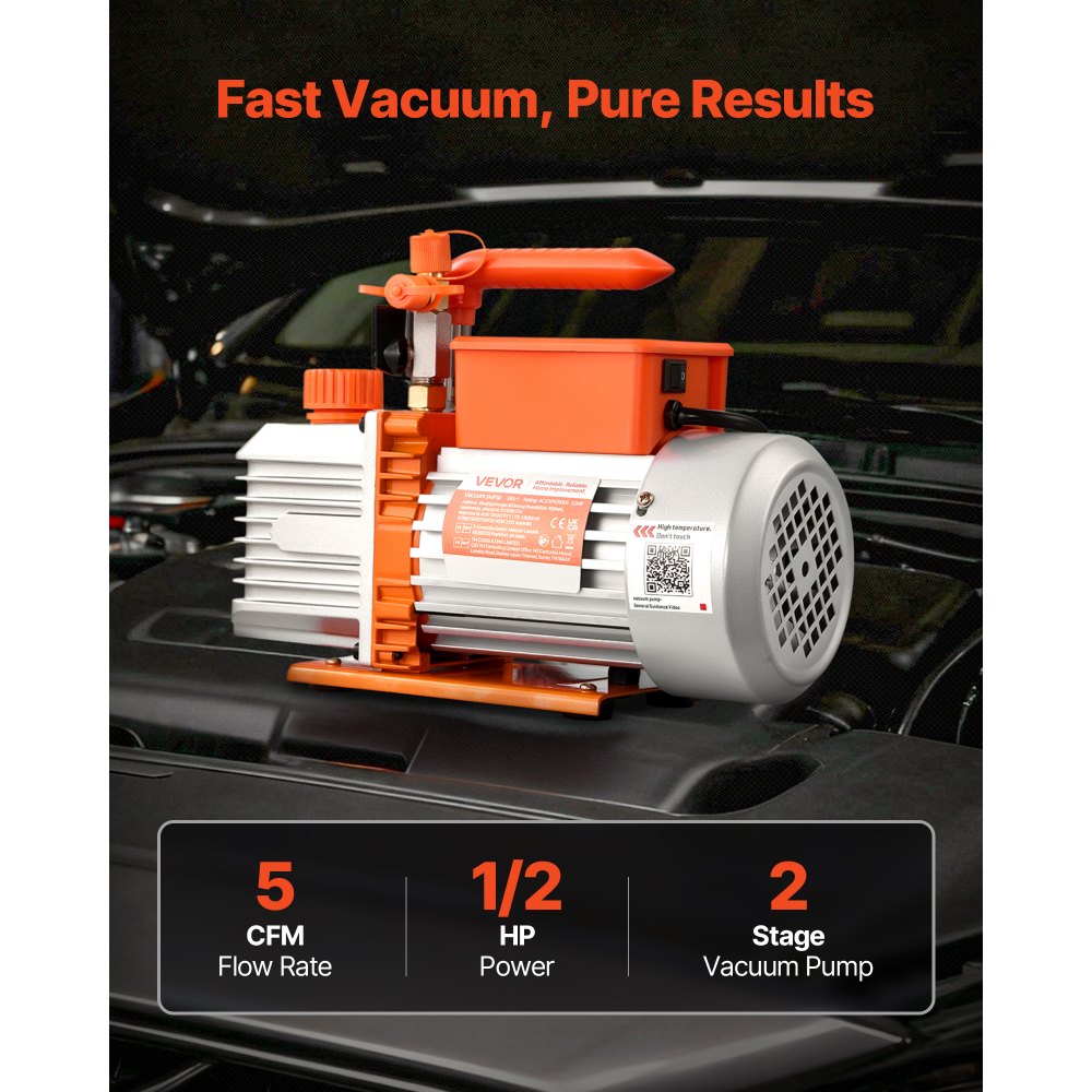 Vacuümpomp, 5 CFM 142 L/min, tweetraps, 375 W, geschikt voor R134a-, R22- en R410a-systemen, 4-polige motor, voor onderhoud van auto-airconditioning en harsontgassing, inclusief olie Vacuümpomp, 5 CFM 142 L/min, tweetraps, 375 W, geschikt voor R134a-, R22- en R410a-systemen, 4-polige motor, voor onderhoud van auto-airconditioning en harsontgassing, inclusief olie