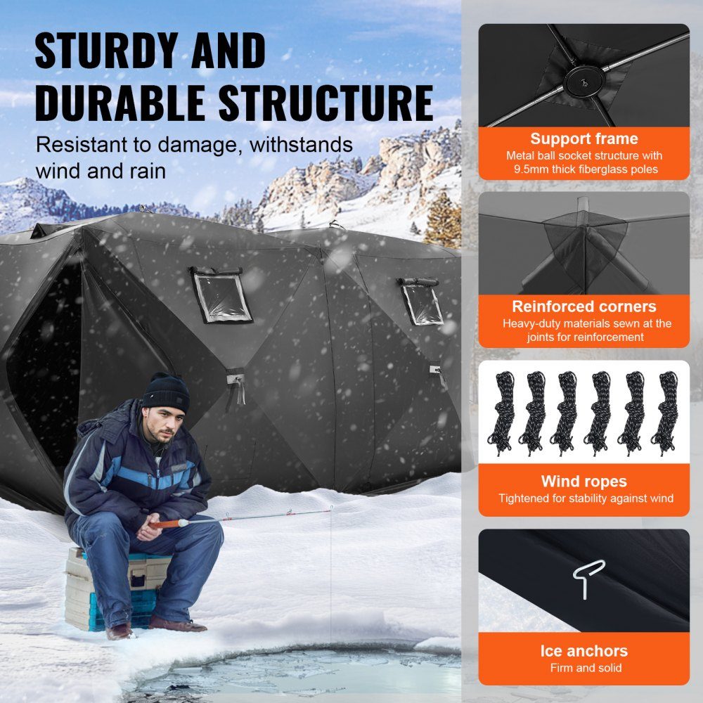 Portable Ice Fishing Tent, Pop Up Ice Fishing Tent for 6-8 People, 300D Oxford Fabric Fishing Tent, Fishing Umbrella, Ice Hut for Winter Fishing, Tent with Anchors/Rope/Carry Bag, 3.6x1.8x2m, Black