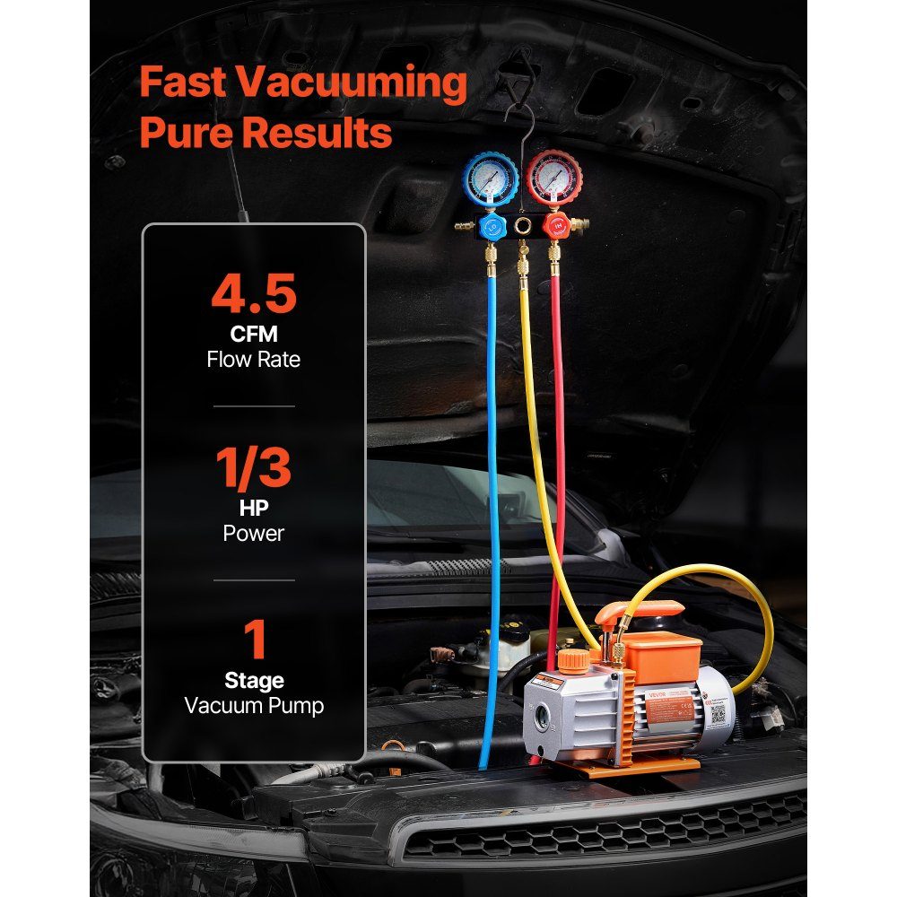 Vacuümpomp met manometer 4,5 CFM 127 l/min 250 W 1-traps draaischuifvacuümpomp manometerset voor R134a, R22, R410a, R1234YF en R32 met draagtas voor auto-airconditioner