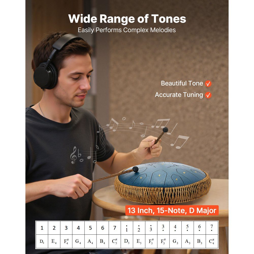 Tongdrum, 13" 15 noten regentrommel, C Major muziekdrums met muziekboek en hamers, stalen tongtrommel voor meditatie, yoga, muzikale training voor beginners, marineblauw
