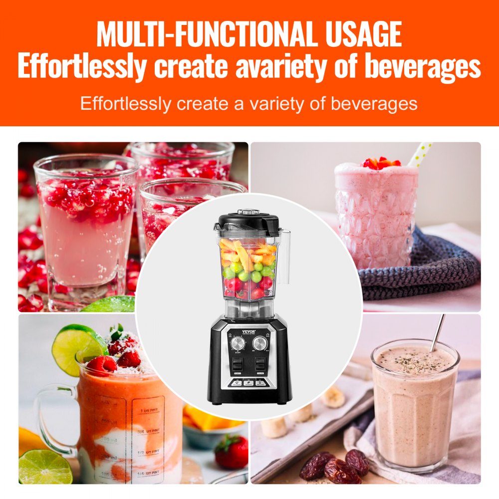Mixer commercial stand mixer 2200W with plastic container, high-performance mixer power professional mixer kitchen mixer with 3 functions, for frozen drinks, shakes, smoothies and crushed ice, black
