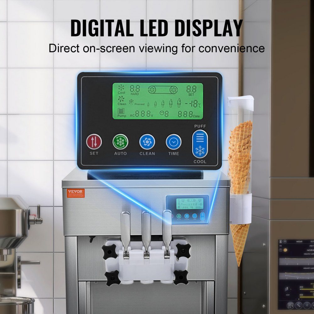 Commercial Ice Cream Maker, 1800W, 3 Flavors, Countertop Soft Ice Cream Machine, 2 x 4L Hopper, 2 x 1.8L Cylinder, LCD Screen, Auto Cleaning, Pre-Cooling