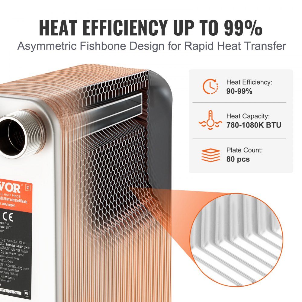 Échangeur de chaleur 127x305mm Échangeur de chaleur à plaques brasées à 80 plaques Cuivre/acier inoxydable 316L Échangeur de chaleur eau à eau pour chauffage par le sol Eau chaude Fonte de la neige Refroidissement de la bière
