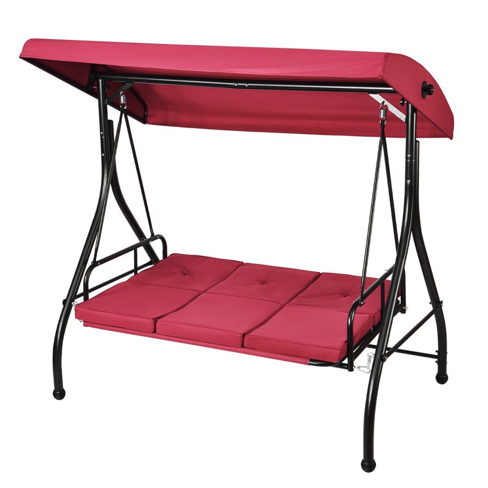 Chaise à bascule Hollywood 3 places avec auvent réglable, coussin amovible et cadre en acier allié pour balcon, jardin, bord de piscine, bordeaux