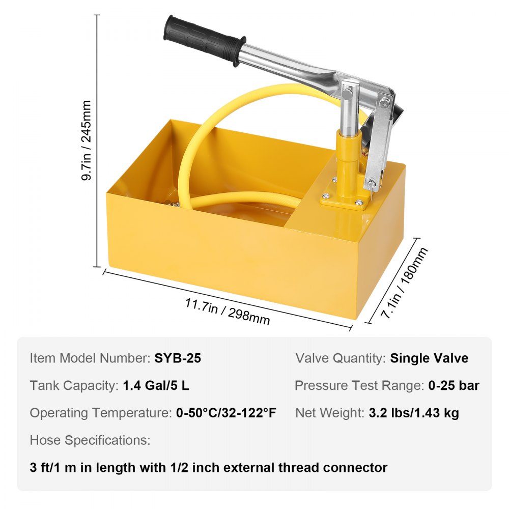 Druckpumpe, max. 25 bar, Füllpumpenset mit Einzelventil und Manometer, 5 L Wassertank, 1 m Schlauch mit 1,27 cm Außengewindeanschluss für Rohre