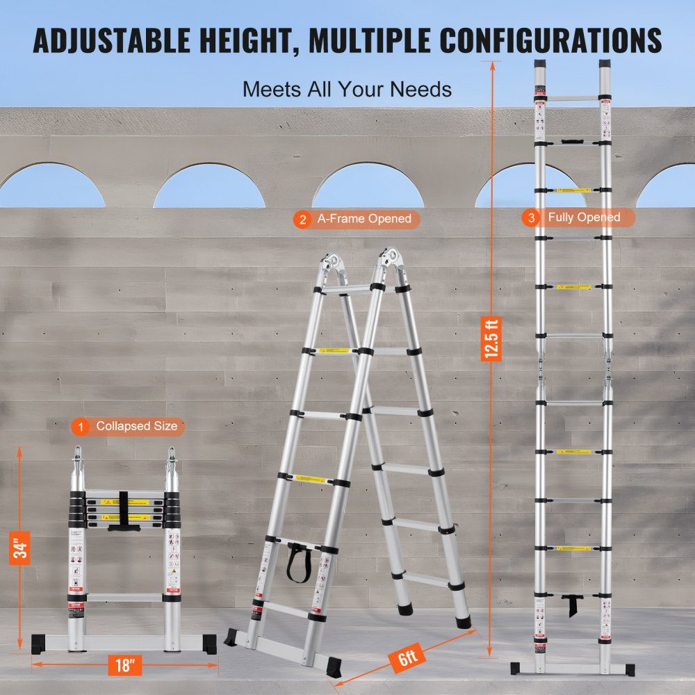 Telescopic Ladder 6-12ft A-Shaped Aluminum Extension Ladder Lightweight Multi-Retract Folding Ladder 300lb Load Capacity with Stabilizer Bar Multi-Purpose Ladders for RV Camper