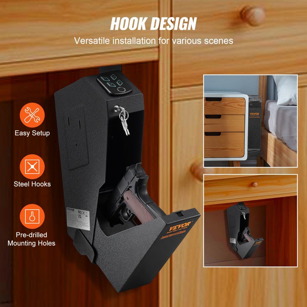 Gun Safe, Wall Mounted Gun Safe, 1 Gun, Gun Safe for Fingerprint, Key or Password, Cold Rolled Steel Gun Safe, 370 x 190 x 86mm, Gun Cabinet Wall Safe